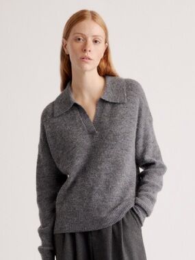 Quince Baby Alpaca-Wool Waffle Stitch Polo Sweater Charcoal Gray Small